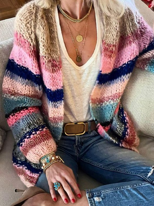 Casual Color Texture Stripe Color-block Wool/Knitting Loose Sweater