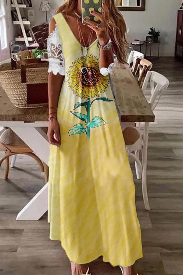 Lace Short Sleeve Sunflower Print Long Dress